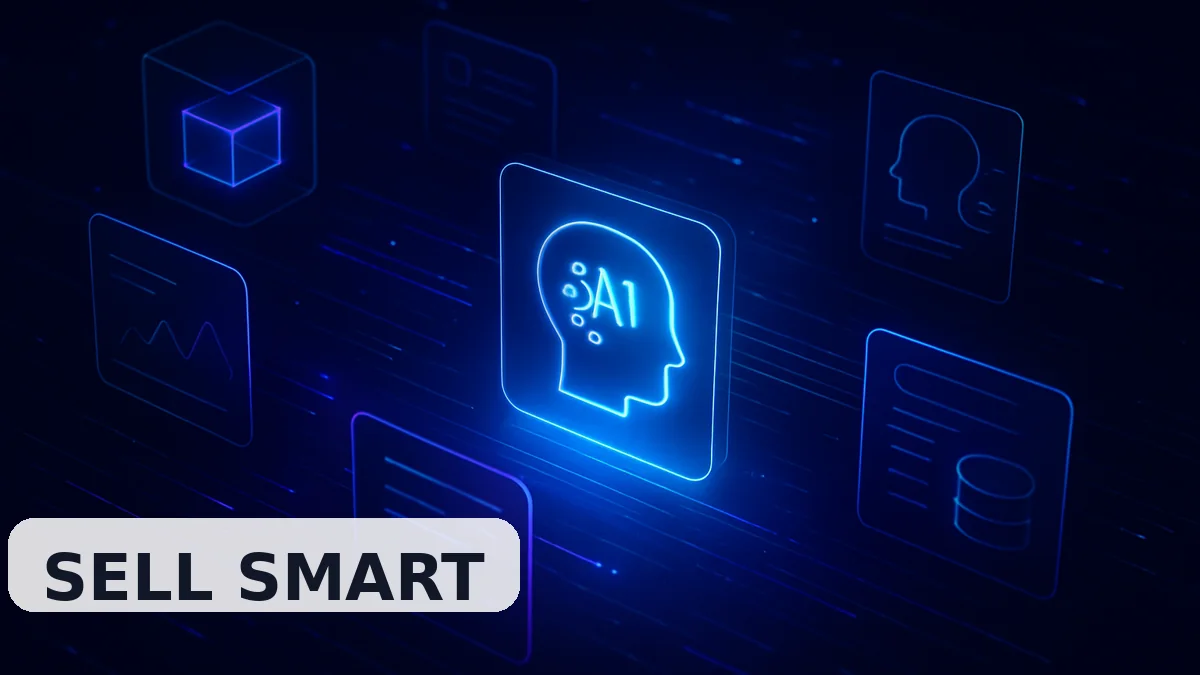 Абстрактный premium-маркетплейс ИИ-решений с неоновыми цифровыми карточками продуктов